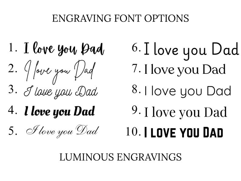 Engraving font options chart for personalized keychains and gifts. The image displays ten numbered font styles, each showing the sample text “I love you Dad” in different script, cursive, serif, sans-serif, and bold typefaces. The heading reads “Engraving Font Options,” with “Luminous Engravings” displayed at the bottom, helping customers choose a font for custom engraving.