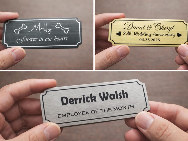 Close-up of hands holding three engraved metal nameplates: a black memorial pet plaque reading “Molly – Forever in our hearts” with bone icons, a gold anniversary plaque for “David & Cheryl – 25th Wedding Anniversary – 04.25.2025” with heart symbols, and a silver “Derrick Walsh – Employee of the Month” plate, all with decorative borders.