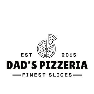 Może przedstawiać: Czarno-białe logo dla Dad's Pizzeria. Logo przedstawia pizzę z brakującym kawałkiem, tekst "EST 2015" oraz słowa "DAD'S PIZZERIA" nad "FINEST SLICES".