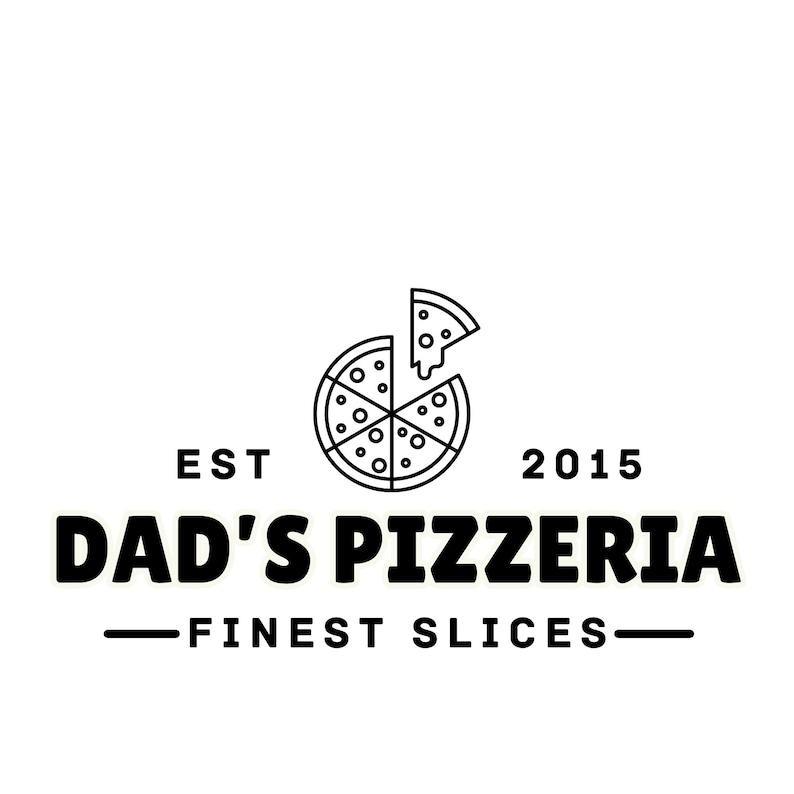 Może przedstawiać: Czarno-białe logo dla Dad's Pizzeria. Logo przedstawia pizzę z brakującym kawałkiem, tekst "EST 2015" oraz słowa "DAD'S PIZZERIA" nad "FINEST SLICES".