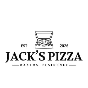 Black and white logo for Jack's Pizza, established in 2026. The logo features a pizza in an open box above the text "JACK'S PIZZA" and "BAKERS RESIDENCE" below. The design is simple and clean.