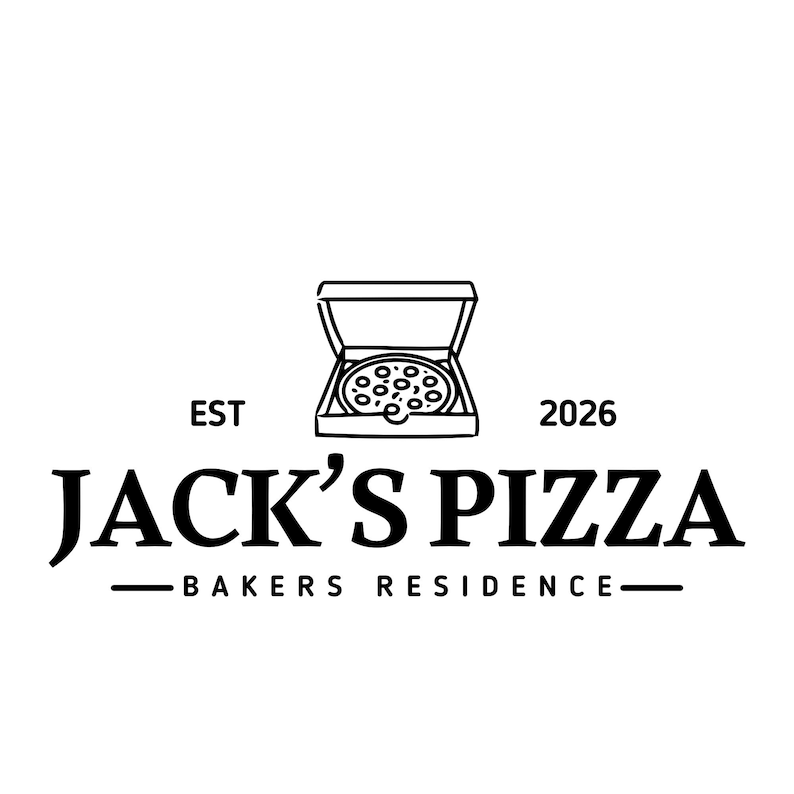 Black and white logo for Jack's Pizza, established in 2026. The logo features a pizza in an open box above the text "JACK'S PIZZA" and "BAKERS RESIDENCE" below. The design is simple and clean.