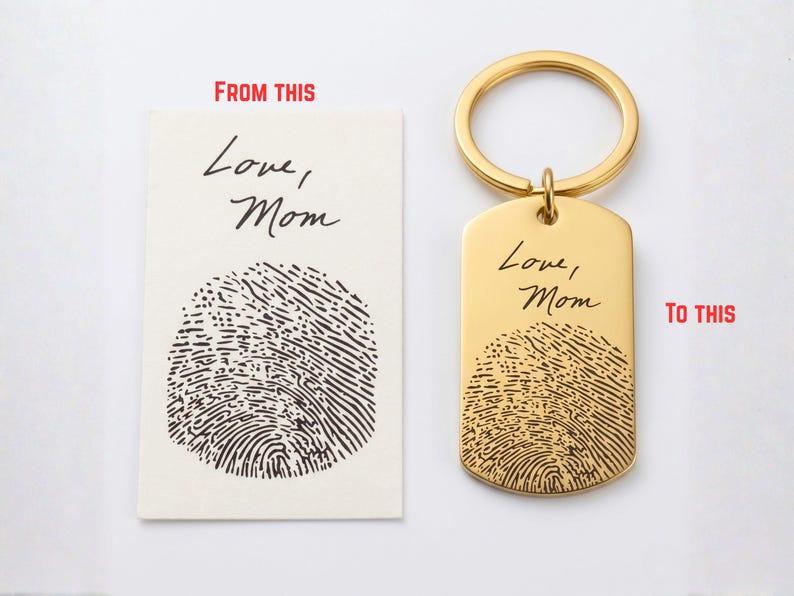 Side-by-side personalization example showing a handwritten note and fingerprint transformed into a custom gold memorial keychain. The left side displays the original handwriting “Love, Mom” and a fingerprint labeled “From This,” while the right side shows the finished engraved keychain labeled “To This,” demonstrating how personal handwriting and fingerprints are preserved on a meaningful keepsake gift.