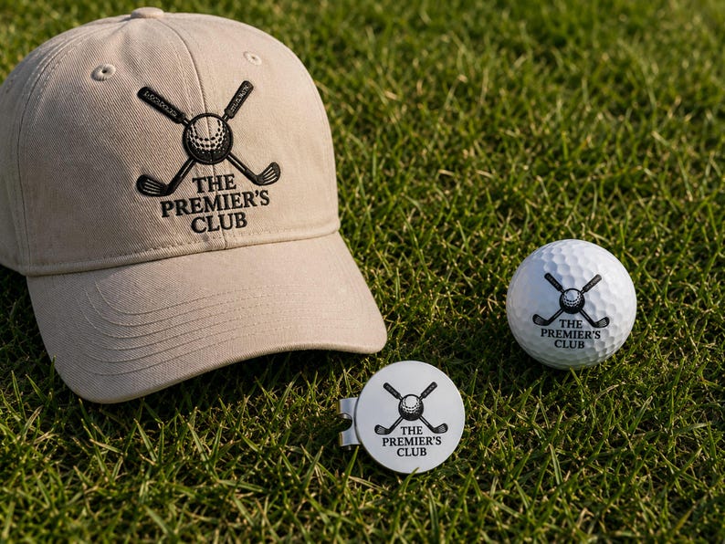 Engraved golf hat and custom ball marker set with clip. Personalized groomsmen golf gifts featuring "The Premier's Club" logo with crossed golf clubs on grass.
