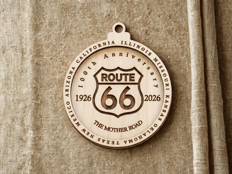 Op de afbeelding: Een ronde houten Route 66 jubileumornament. Het ontwerp toont het Route 66-schild met de nummers 66, de jaren 1926 en 2026, en de tekst "100th Anniversary". De staten staan rond de rand.