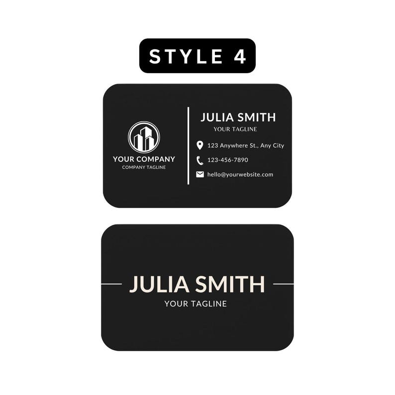 Style 4, Professional metal business card design featuring logo, name, and structured contact details.