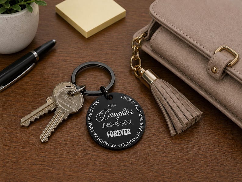 Black round engraved keychain attached to a set of keys on a wooden desk, featuring the message “To my Daughter I love you forever” with a circular motivational quote around the edge. Nearby are a beige purse with a tassel, a black pen, sticky notes, and a small potted plant.