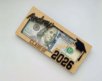 Personalized Graduation Money Holder, Class of 2026 Custom Wood Gift, High School Senior Cash Holder, Graduation Gift for Him Her