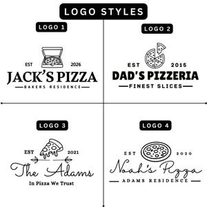Może przedstawiać: Czarno-biała grafika prezentująca cztery style logo pizzy. Każde logo zawiera tekst i ilustrację pizzy. Loga są dla Jack's Pizza, Dad's Pizzeria, The Adams i Noah's Pizza. Tekst zawiera rok założenia i hasło.