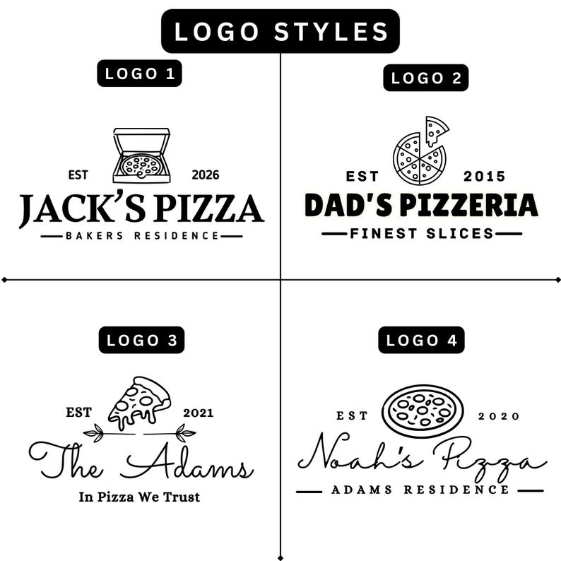 Może przedstawiać: Czarno-biała grafika prezentująca cztery style logo pizzy. Każde logo zawiera tekst i ilustrację pizzy. Loga są dla Jack's Pizza, Dad's Pizzeria, The Adams i Noah's Pizza. Tekst zawiera rok założenia i hasło.