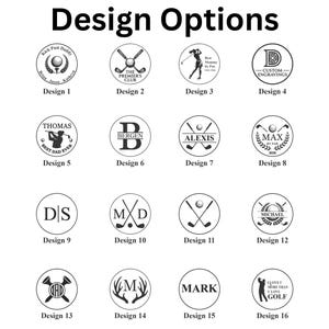 Custom design options chart for personalized golf ball markers. Features a grid of 16 custom laser engraved monogram templates and logos, including options for Father's Day, Mother's Day, custom names, initials, crossed golf clubs, and golf tees, labeled from Design 1 to Design 16 on a clean white background.