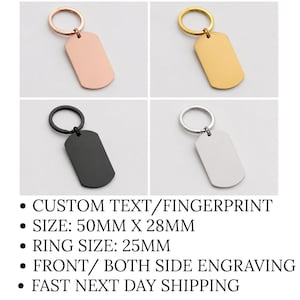 Product information graphic showcasing a personalized fingerprint and handwriting keychain available in four finishes: rose gold, gold, black, and silver. The image displays blank dog-tag-style keychains with key rings and lists key features including custom text or fingerprint engraving, 50 mm x 28 mm tag size, 25 mm ring size, front or both-side engraving options, and fast next-day shipping.
