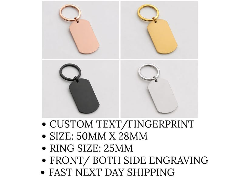Product information graphic showcasing a personalized fingerprint and handwriting keychain available in four finishes: rose gold, gold, black, and silver. The image displays blank dog-tag-style keychains with key rings and lists key features including custom text or fingerprint engraving, 50 mm x 28 mm tag size, 25 mm ring size, front or both-side engraving options, and fast next-day shipping.