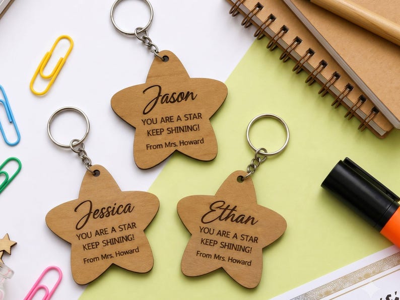 Flat lay of three personalized wooden star-shaped keychains engraved with the names "Jason," "Jessica," and "Ethan." Each keychain features the message, "YOU ARE A STAR KEEP SHINING! From Mrs. Howard." The laser-cut wooden keychains are arranged on a white and pastel green background surrounded by colorful paper clips, notebooks, and a highlighter, creating a cheerful classroom-themed display.