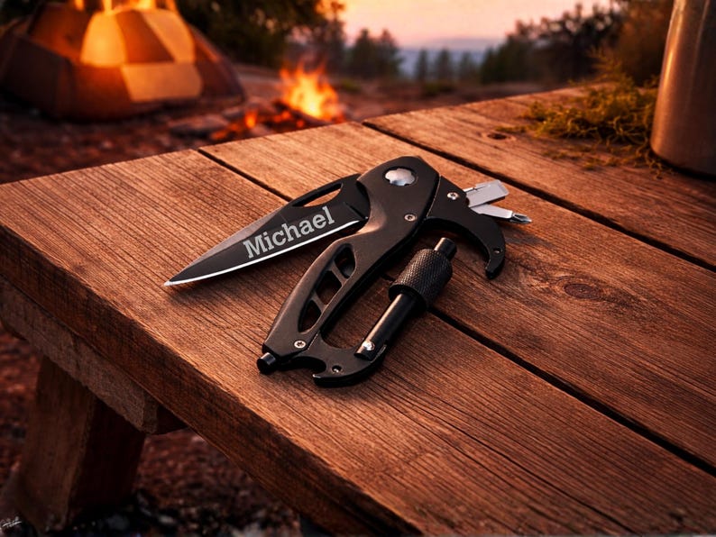 A black multi-tool knife with a carabiner is shown lying flat on a wooden surface. The blade is partially open and features the word "Michael" engraved on it. The handle is ergonomic and has several functions, including a Phillips-head screwdriver, a flathead screwdriver, and a hexagonal wrench. The multi-tool is positioned diagonally, with the carabiner on the right and the knife blade on the left. The lighting is bright and even.