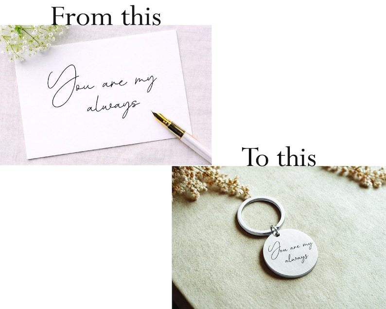 A silver-colored round keychain with the inscription "You are my always" in elegant script. The keychain is attached to a silver ring. The image shows the keychain on a neutral-toned surface.