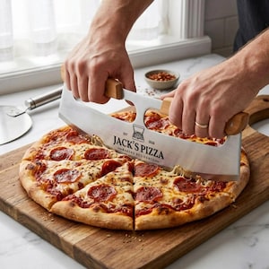 Personalized pizza cutter rocker with engraved name cutting fresh pepperoni pizza, stainless steel blade and wood handles, unique gift for pizza lovers and cooks.  Gift for groomsmen, gift for her, gift for him, Mother's Day gift, Father's Day gift.