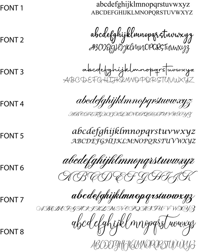 May include: Eight different font styles are shown on a white background. Each font displays the lowercase and uppercase alphabet. The fonts vary in style, from simple sans-serif to elegant cursive, offering a range of design options.