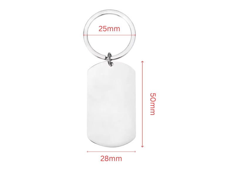 Product size guide for a personalized memorial keychain. The image shows a blank silver dog-tag-style keychain with measurement annotations indicating a 50 mm tag height, 28 mm tag width, and a 25 mm key ring diameter. The dimensions are displayed with red measurement lines on a clean light-gray background.