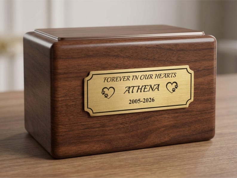K&ouml;nnte beinhalten: Rechteckige Holzurne mit polierter Oberfl&auml;che. Auf einer goldfarbenen Plakette steht "FOREVER IN OUR HEARTS" &uuml;ber dem Namen "ATHENA" und den Daten "2005-2026", mit Herz- und Pfotenabdrucksymbolen.