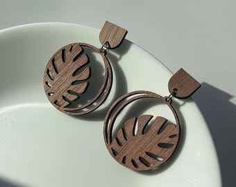 Pendientes de madera con forma de hoja de monstera: Pendientes colgantes de nogal estilo boho chic