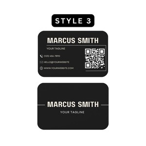 Style 3, Metal business card template with bold name text and QR code alongside contact information.
