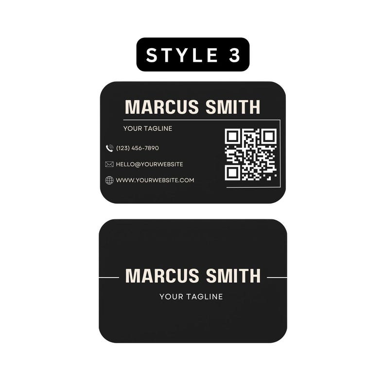 Style 3, Metal business card template with bold name text and QR code alongside contact information.
