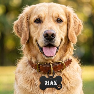 Personalized black dog tag with engraved name MAX worn by a golden retriever. Custom bone-shaped metal pet name tag on a brown leather dog collar with black keyring, lifestyle product photography.