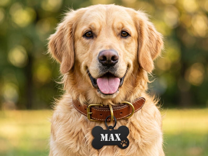 Personalized black dog tag with engraved name MAX worn by a golden retriever. Custom bone-shaped metal pet name tag on a brown leather dog collar with black keyring, lifestyle product photography.