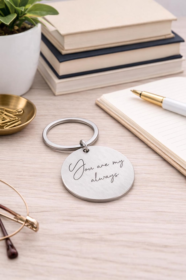 Round stainless steel engraved keychain resting on a light wood desk, featuring the handwritten message “You are my always.” The keychain is styled in a cozy workspace setting with stacked books, a notebook and pen, a small potted plant, paper clips, and eyeglasses in the background. Soft natural lighting and a neutral color palette create an elegant, sentimental gift presentation.