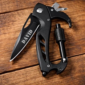 Custom Carabiner Pocket Knife, Bespoke Engraved Personalized EDC Gadget Groomsmen's Multitool Gift, 21st birthday gift for him