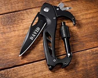 Navaja multiherramienta con mosquetón negro personalizable, gadget EDC personalizado grabado a medida, regalo para padrinos de boda