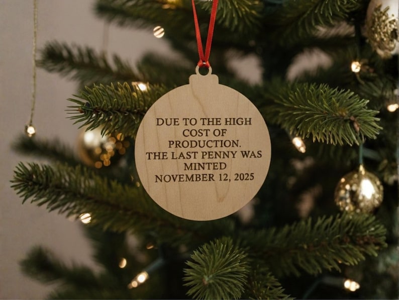 May include: Wooden Christmas ornament with a round shape and a red ribbon for hanging. The ornament has the text "DUE TO THE HIGH COST OF PRODUCTION. THE LAST PENNY WAS MINTED NOVEMBER 12, 2025" in black font. The ornament hangs on a Christmas tree.