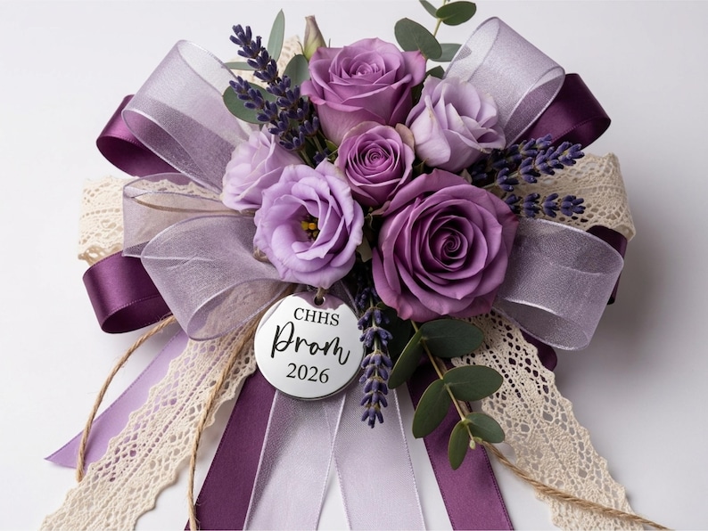 A high-angle studio shot of a purple floral prom corsage on a white background. The arrangement includes purple roses, lavender sprigs, and eucalyptus leaves, layered over plum and lavender ribbons with cream lace. A round silver charm is attached to the center, engraved with "CHHS Prom 2026" in a mix of serif and script fonts.