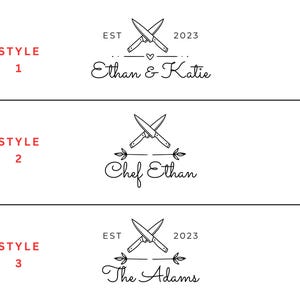Three black and white logo designs featuring crossed knives. The first design reads "Ethan & Katie" with "EST 2023". The second design says "Chef Ethan". The third design says "The Adams" with "EST 2023".