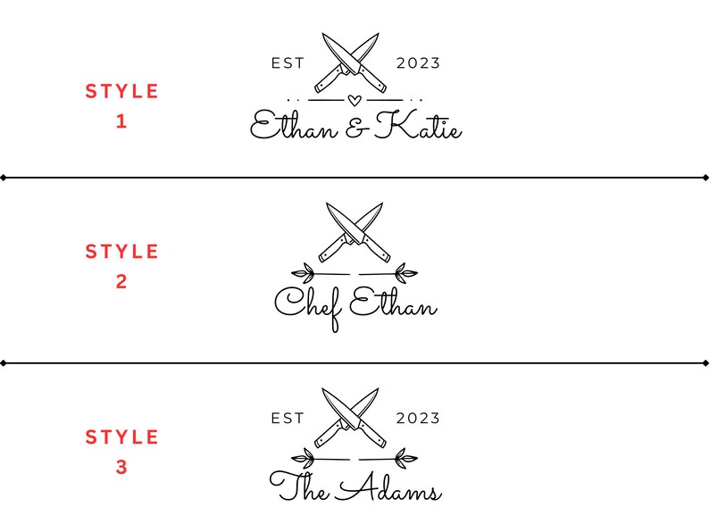 Three black and white logo designs featuring crossed knives. The first design reads "Ethan & Katie" with "EST 2023". The second design says "Chef Ethan". The third design says "The Adams" with "EST 2023".