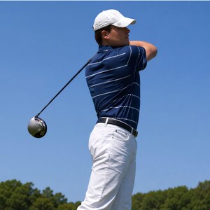 Professional male golfer in a white cap and navy striped polo shirt finishing a high-angle driver swing against a clear blue sky, showing a complete follow-through posture on a golf course.