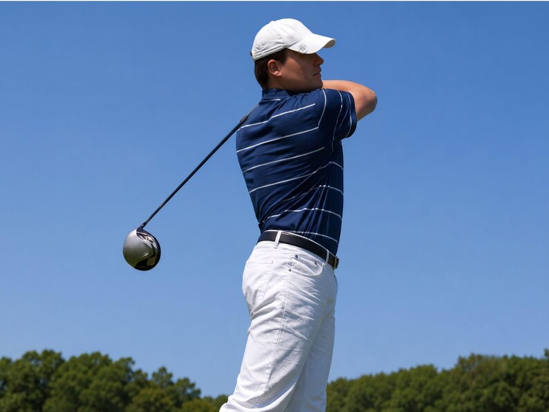 Professional male golfer in a white cap and navy striped polo shirt finishing a high-angle driver swing against a clear blue sky, showing a complete follow-through posture on a golf course.