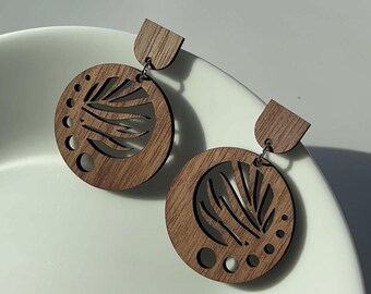 Boho Chic Walnut Wood Leaf Dangle Earrings