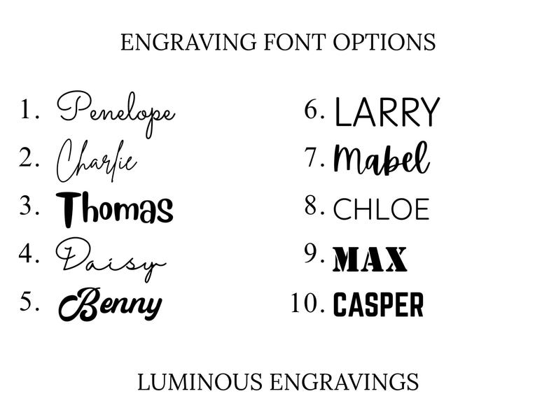 Engraving font options chart for personalized pet ID tags featuring 10 engraving styles, including script, handwritten, modern, bold, and uppercase fonts. Customers can choose from numbered font options for custom laser engraved dog tags, pet name tags, keychains, memorial gifts, and personalized keepsakes by Luminous Engravings.