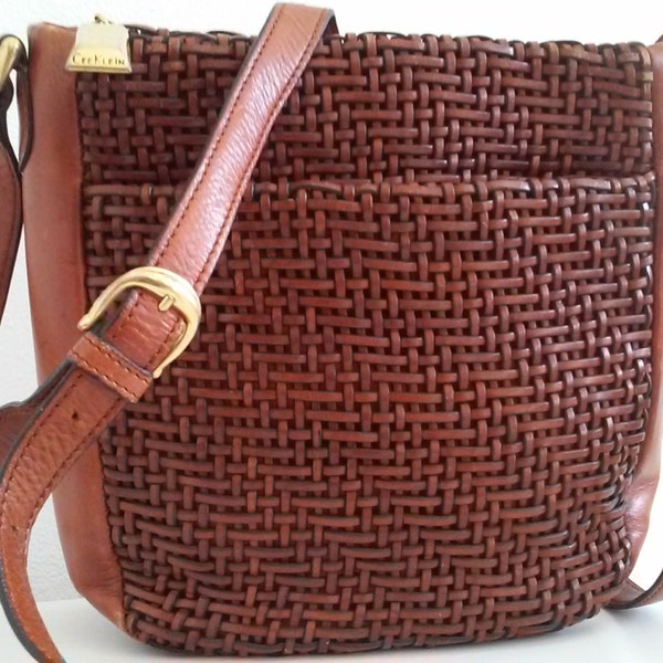 Vintage Leather Basket Weave Crossbody Hobo Handbag/purse/bag//Brown Leather