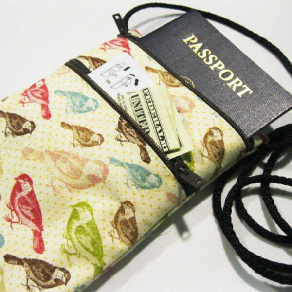 Fabric travel pouch, Neck wallet, Travel Accessory, Passport Pouch, iPhone holder, Sling bag, On the go pouch, Birds on pale yellow