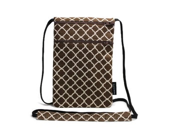 Small travel pouch, Neck wallet, Passport Holder, Small sling bag, Travel Accessory, Zipper Pouch - Quatrefoil Brown & Cream