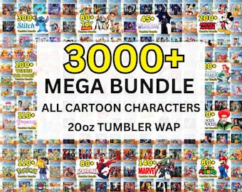 3000+ 20oz Cartoon Tumbler Bundle, All Cartoons Character Sublimation, Stitch Tumbler, 90s Cartoon Tumbler, Stitch Tumbler PNG, Sublimations