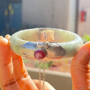 Natural Burmese Jadeite Bangle with 925 Sterling Silver & Ruby Inlay