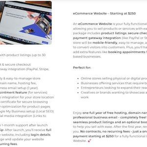 May include: A screenshot of a website advertising an e-commerce website package for $250. The website features a checklist of features including product listings, secure checkout, payment gateway integration, mobile-friendly design, booking appointments, and free hosting. The text "eCommerce Website - Starting at $250" is visible at the top of the image.