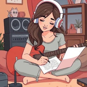 May include: A woman sits on a floor with a red guitar, wearing headphones and writing on a sheet of music. She is in a room with a speaker, a clock, and bookshelves.