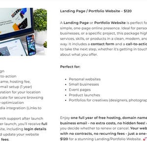 May include: A website design package for $120, offering a one-page website with a clean, modern design, contact form, call-to-action, domain name, hosting, professional business email setup, map integration, SSL certificate, basic SEO optimization, social media integration, and one year of free hosting. The package includes full ownership of the website with no recurring fees.
