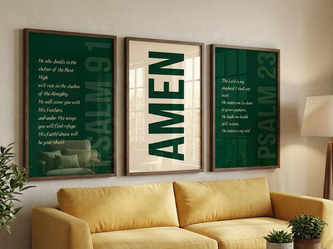 Psalm 91 & Psalm 23 Scripture Wall Art Set of 3, Amen Print, Emerald ...
