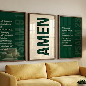 Psalm 91 och Psalm 23 väggkonst set med 3, Amen-tryck, smaragdgrön kristen heminredning, modern bibelvers, minimalistisk trosaffisch